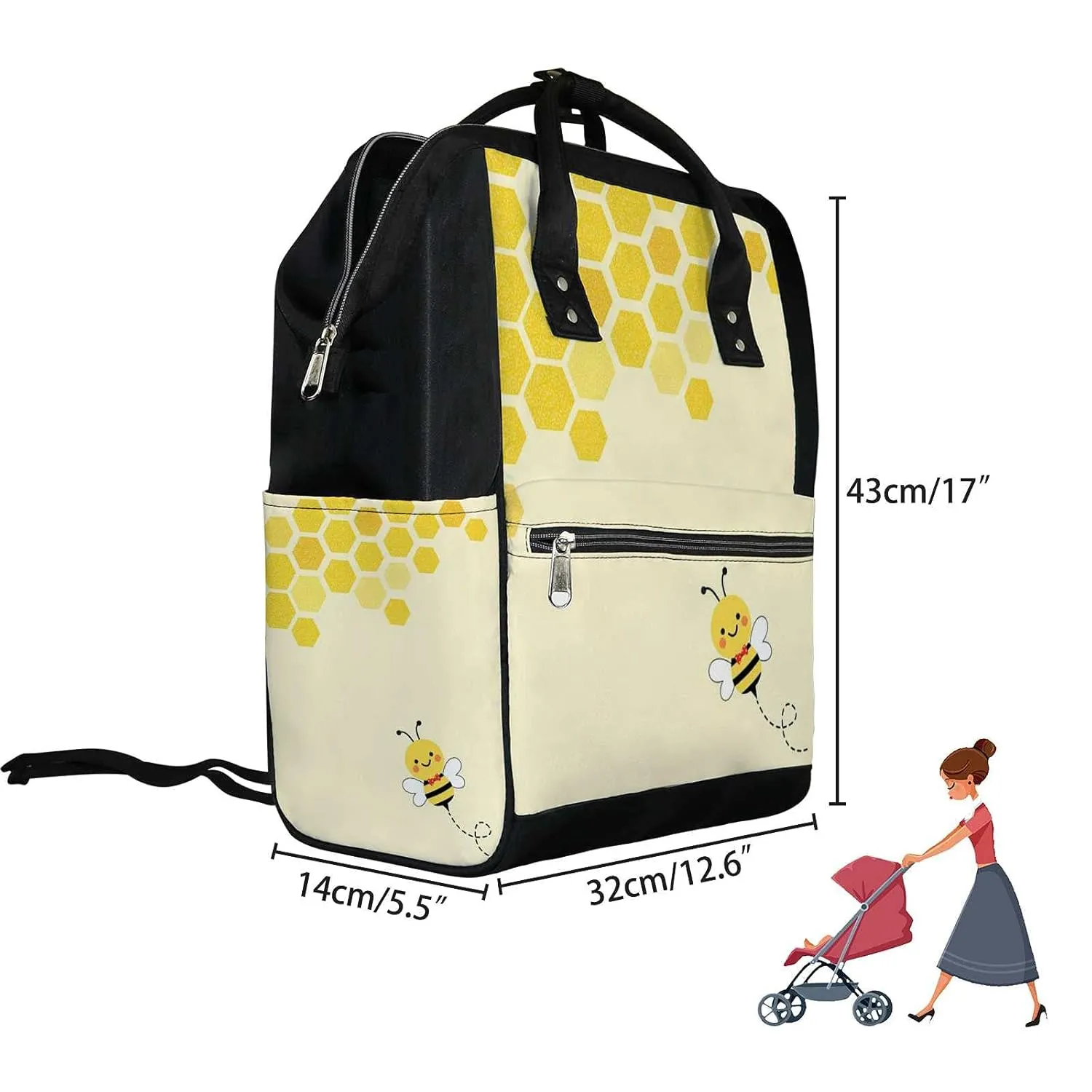 Kuizee Diaper Bag Backpack Multifunction Bag Hexagon Grid Cells Cartoon Bee Mutispandex Big Capacity Casual Daypack Mummy Bag Maternity Bag 17 Inch
