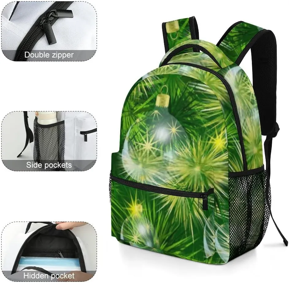 Kuizee Travel Laptop Backpack Business Daypack Work Bookbag New Year'S Spruce Christmas Balls Green Durable iPad Tablet School College Book Bags Casual Bags for Men and Women