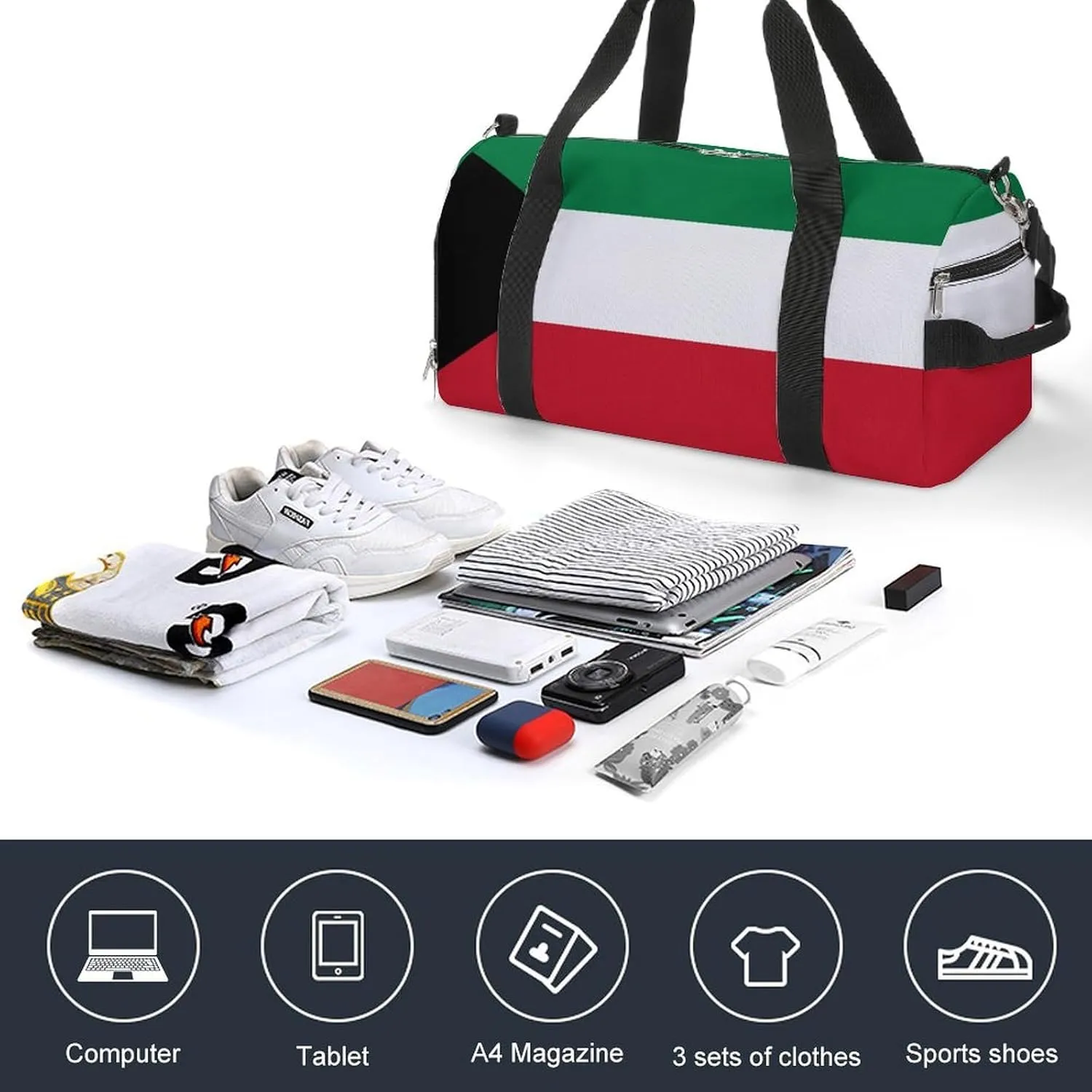 Kuwait Flag Gym Bag for Men Women with Waterproof Shoe Compartment Travel Tote