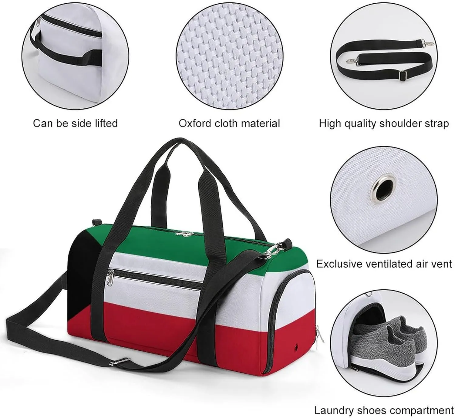 Kuwait Flag Gym Bag for Men Women with Waterproof Shoe Compartment Travel Tote