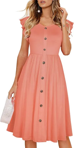 Lamilus Women's Casual Summer Ruffle Sleeve V-Neck Button Down A-Line Swing Party Dress