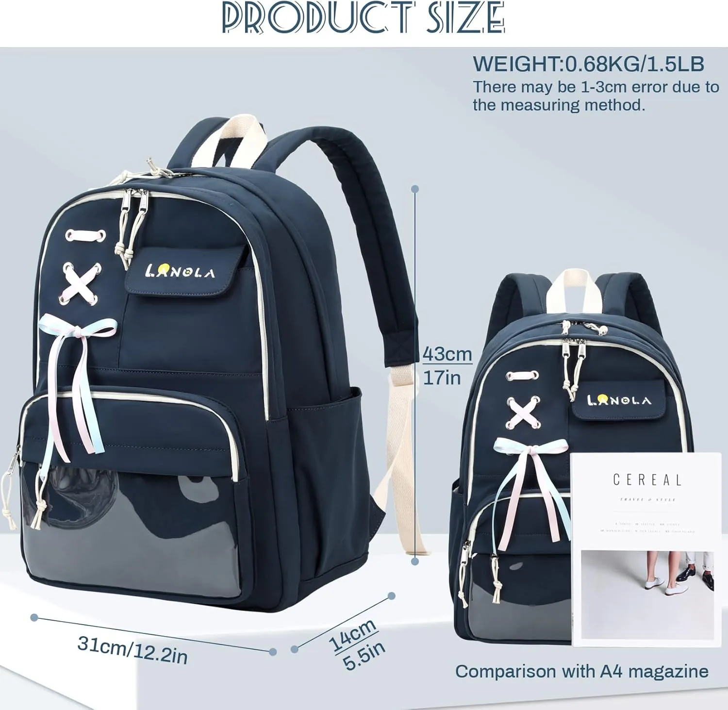 Lanola Teen Girl School Backpack Casual Daypack Bookbag Elementary College Travel Backpack with Cute Ribbon for Girls