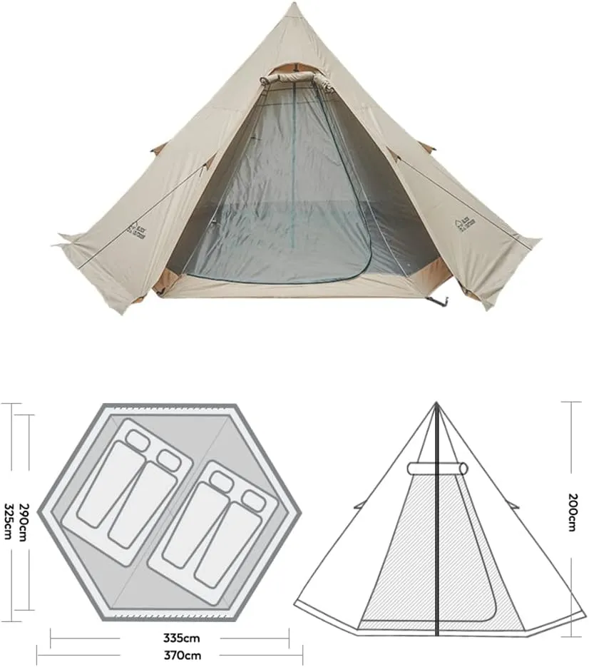 Large Adult Indian Teepee Tent Camping Pyramid Tipi Tent with Double Mesh Door Free-Standing Waterproof Tent for Camping Hiking, 370X325X200CM, Beige
