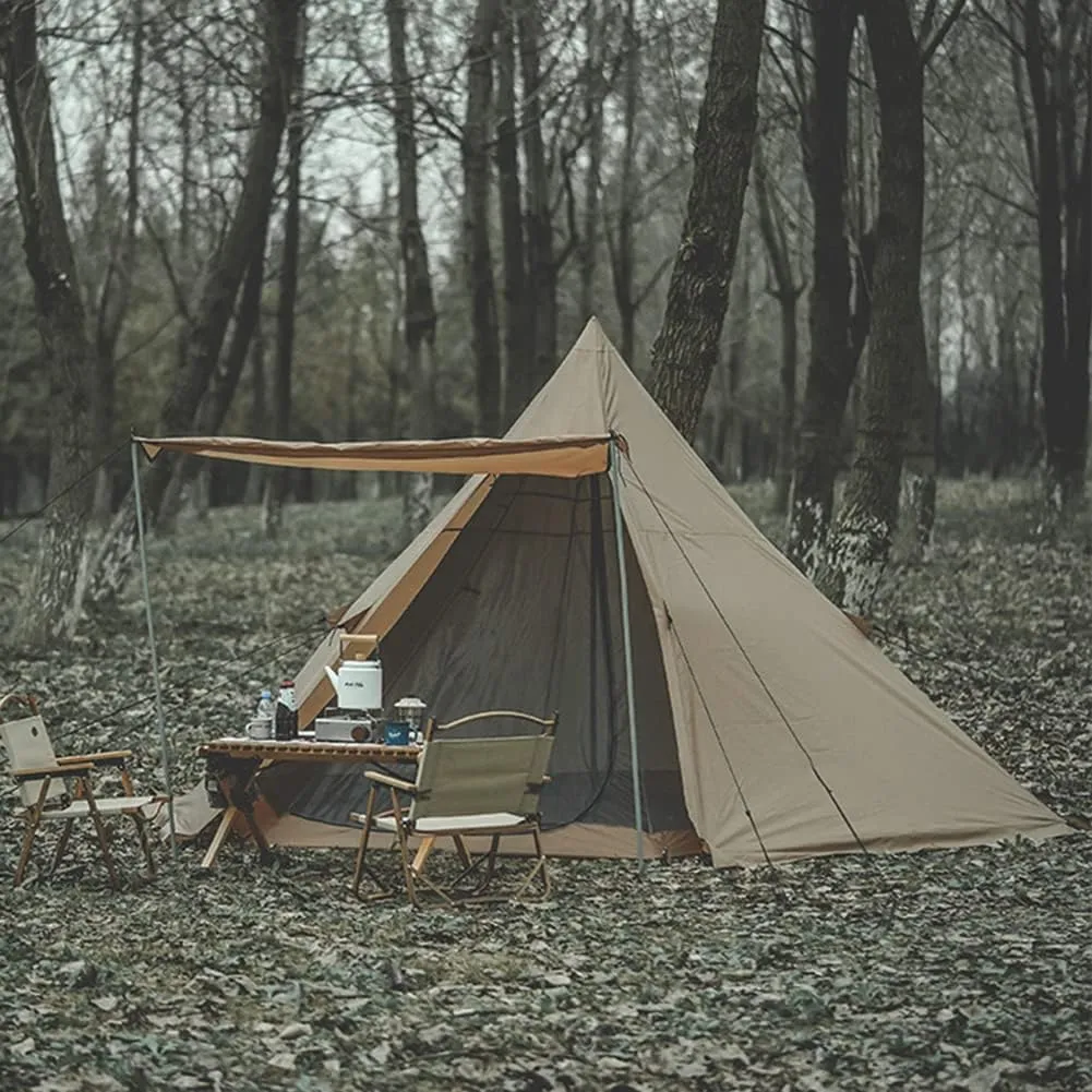 Large Adult Indian Teepee Tent Camping Pyramid Tipi Tent with Double Mesh Door Free-Standing Waterproof Tent for Camping Hiking, 370X325X200CM, Beige