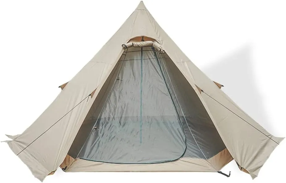 Large Adult Indian Teepee Tent Camping Pyramid Tipi Tent with Double Mesh Door Free-Standing Waterproof Tent for Camping Hiking, 370X325X200CM, Beige