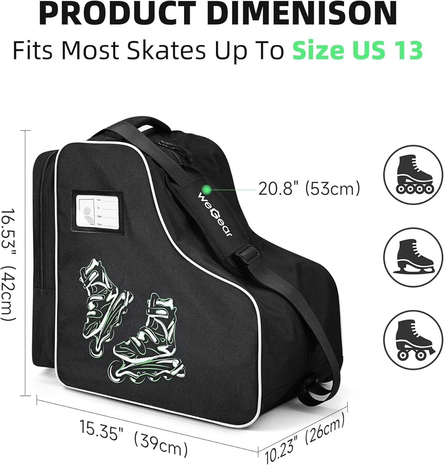 Large Capacity Skate Bag for Adults With Adjustable Shoulder Strap - Nylon Carry Bag for Roller, Ice, and Inline Skates - for Girls, Boys, Women, Men