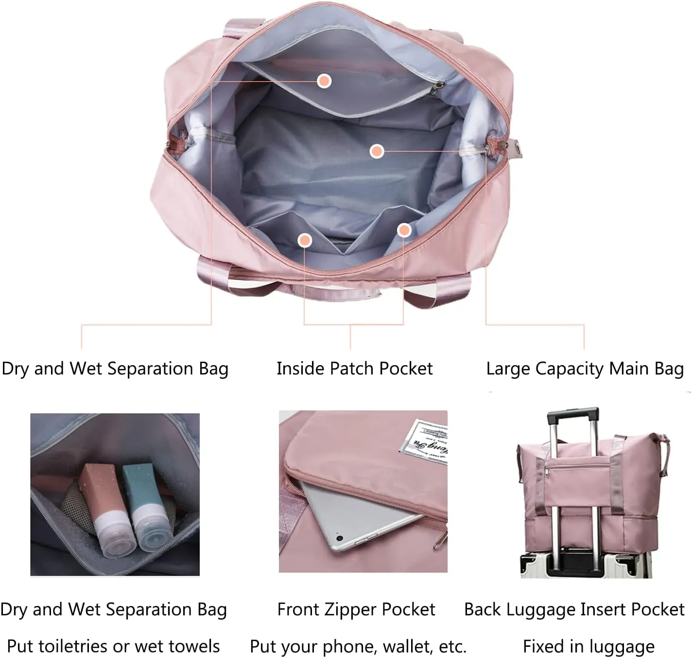 Large Capacity Travel Bag, Expandable Foldable Travel Duffel Bag, Dry and Wet Separation Portable Travel Duffel Bag, Overnight Bag for Women and Man（Fuchsia）