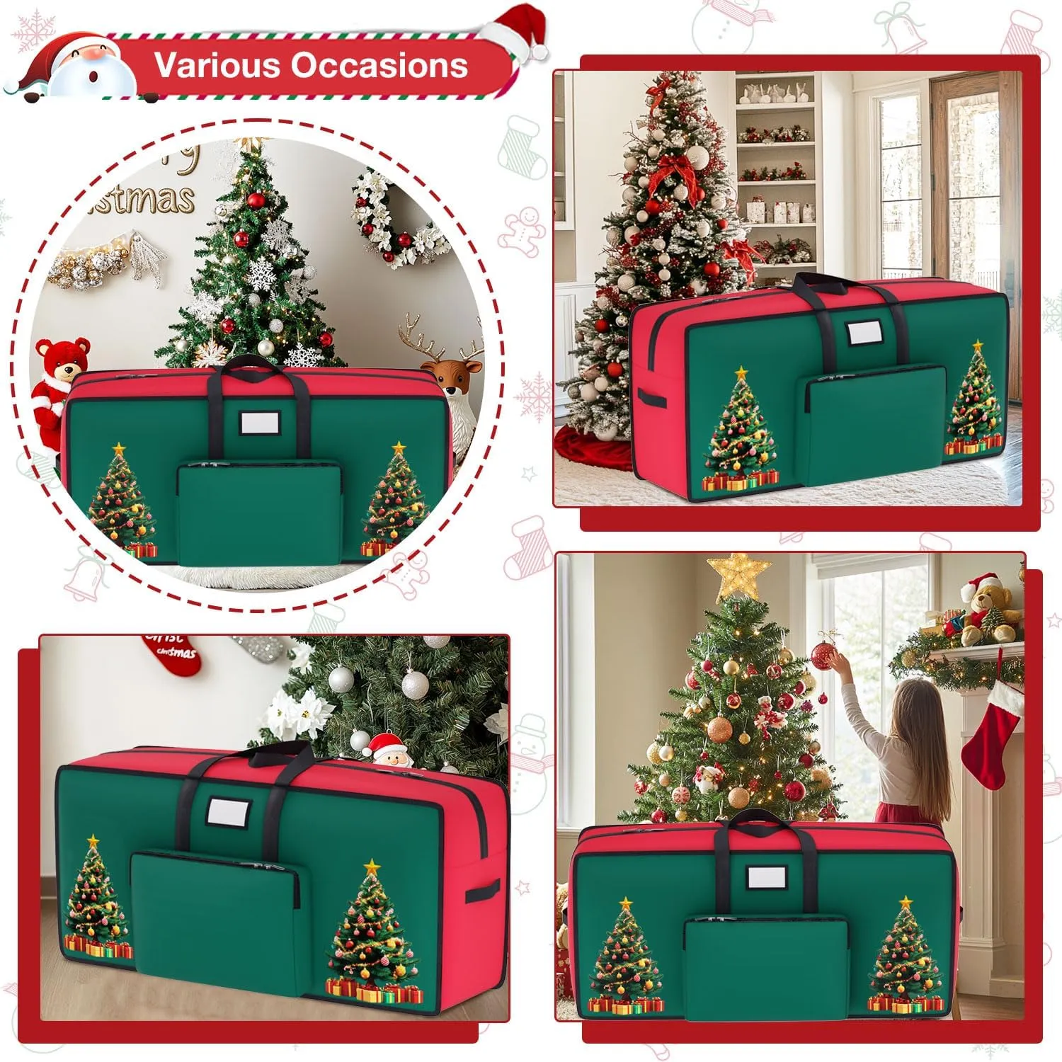 Large Christmas Tree Storage Bag 9 Ft for Ornament Storage 600D Oxford Xmas Container With Zippers Red for Artificial Trees