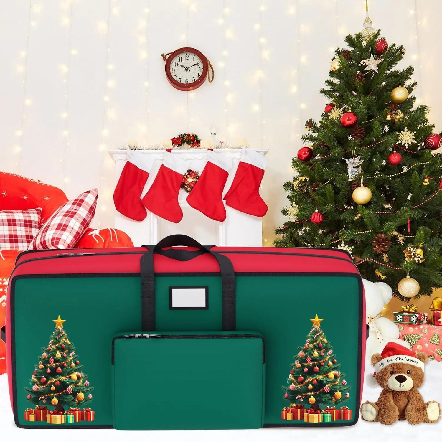 Large Christmas Tree Storage Bag 9 Ft for Ornament Storage 600D Oxford Xmas Container With Zippers Red for Artificial Trees
