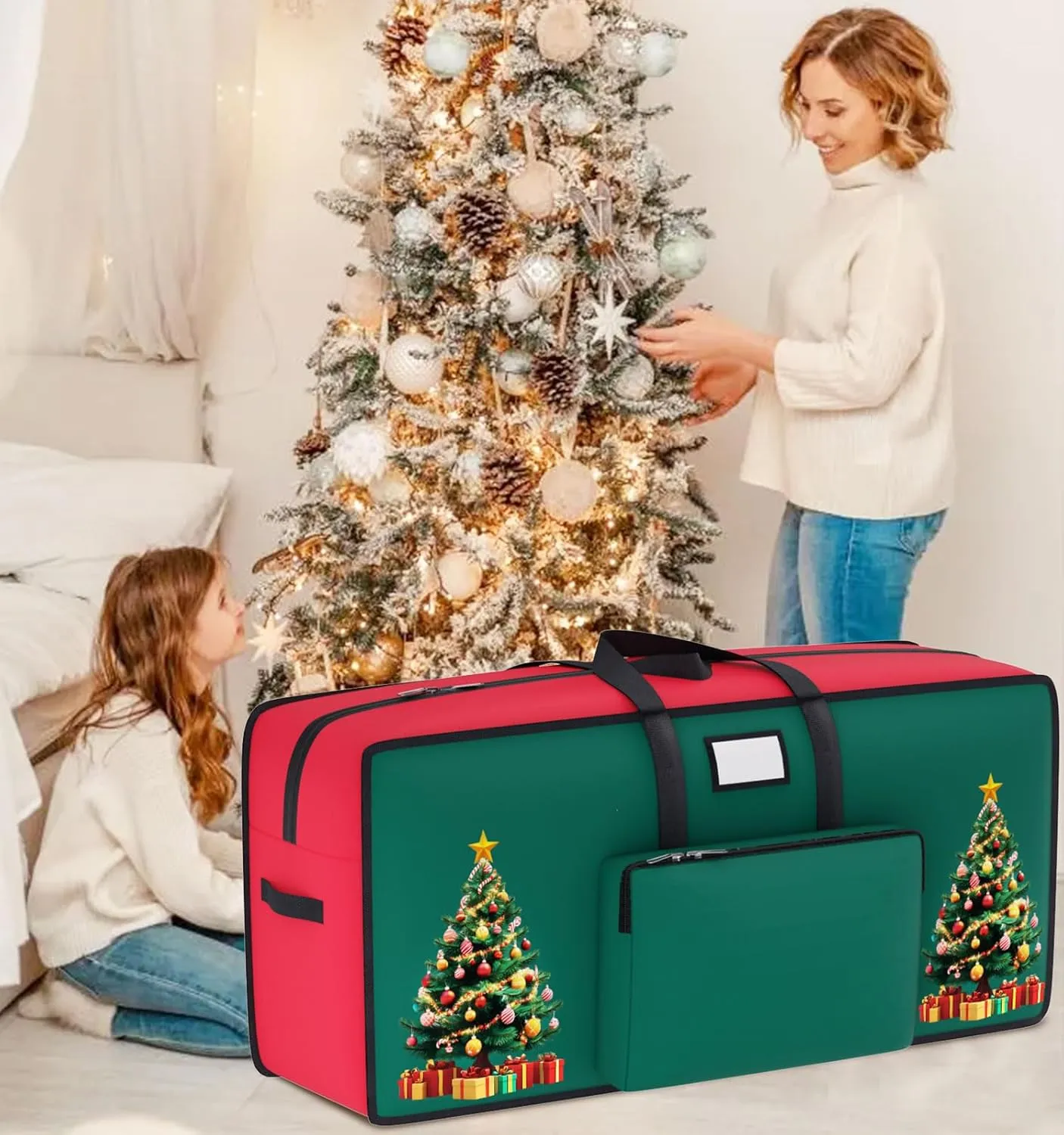 Large Christmas Tree Storage Bag 9 Ft for Ornament Storage 600D Oxford Xmas Container With Zippers Red for Artificial Trees