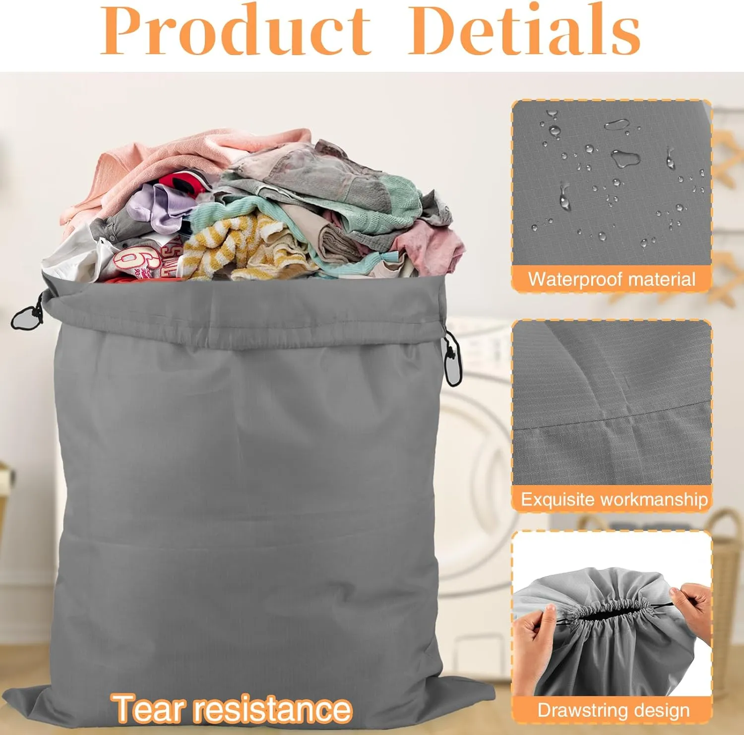 Large Laundry Bag,2 Pack Waterproof Travel Laundry Bag,Foldable Dirty Clothes Storage Bag with Drawstring Closure for Travel Bedroom Laundry room Dormitory (Grey Black, 60 * 80CM)