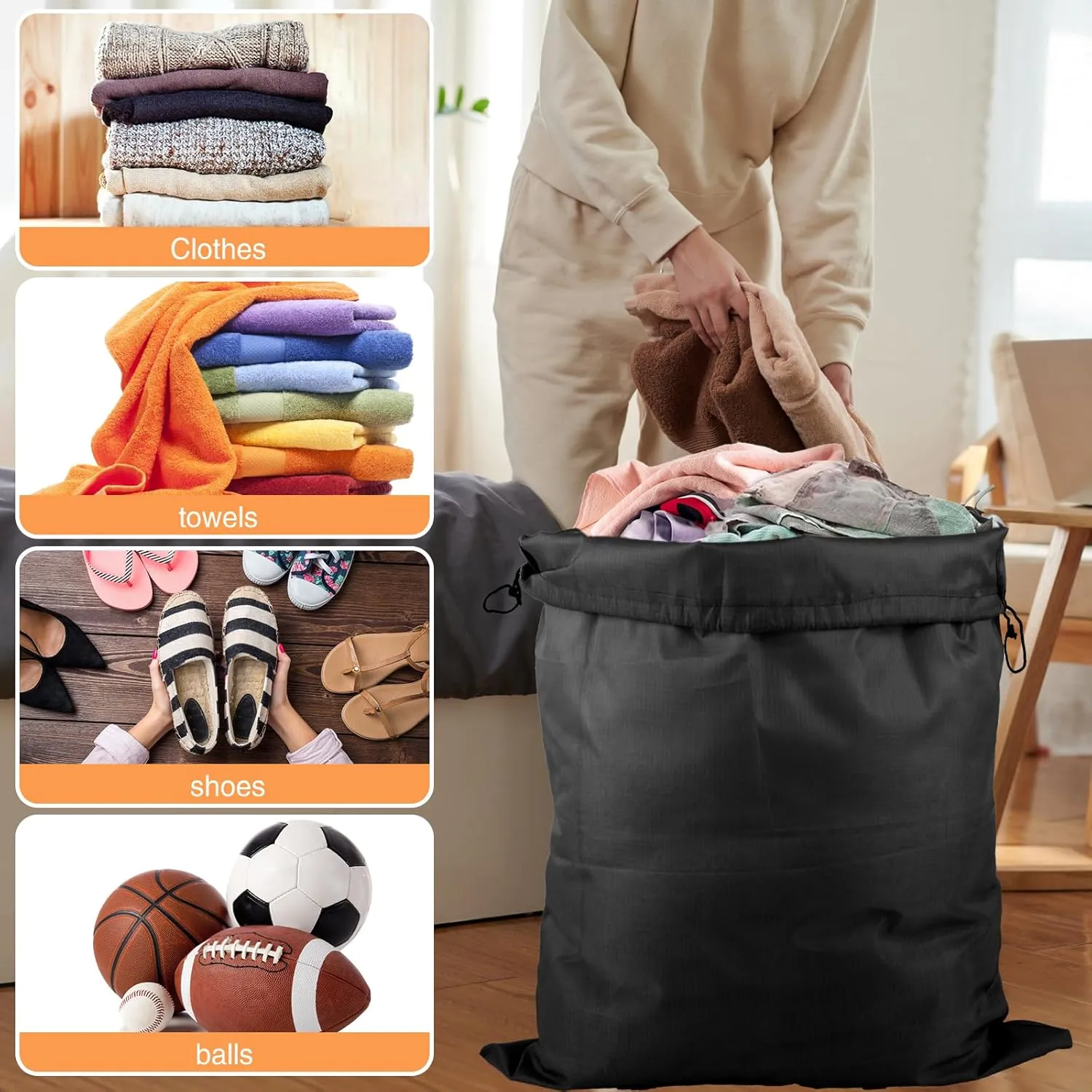 Large Laundry Bag,2 Pack Waterproof Travel Laundry Bag,Foldable Dirty Clothes Storage Bag with Drawstring Closure for Travel Bedroom Laundry room Dormitory (Grey Black, 60 * 80CM)
