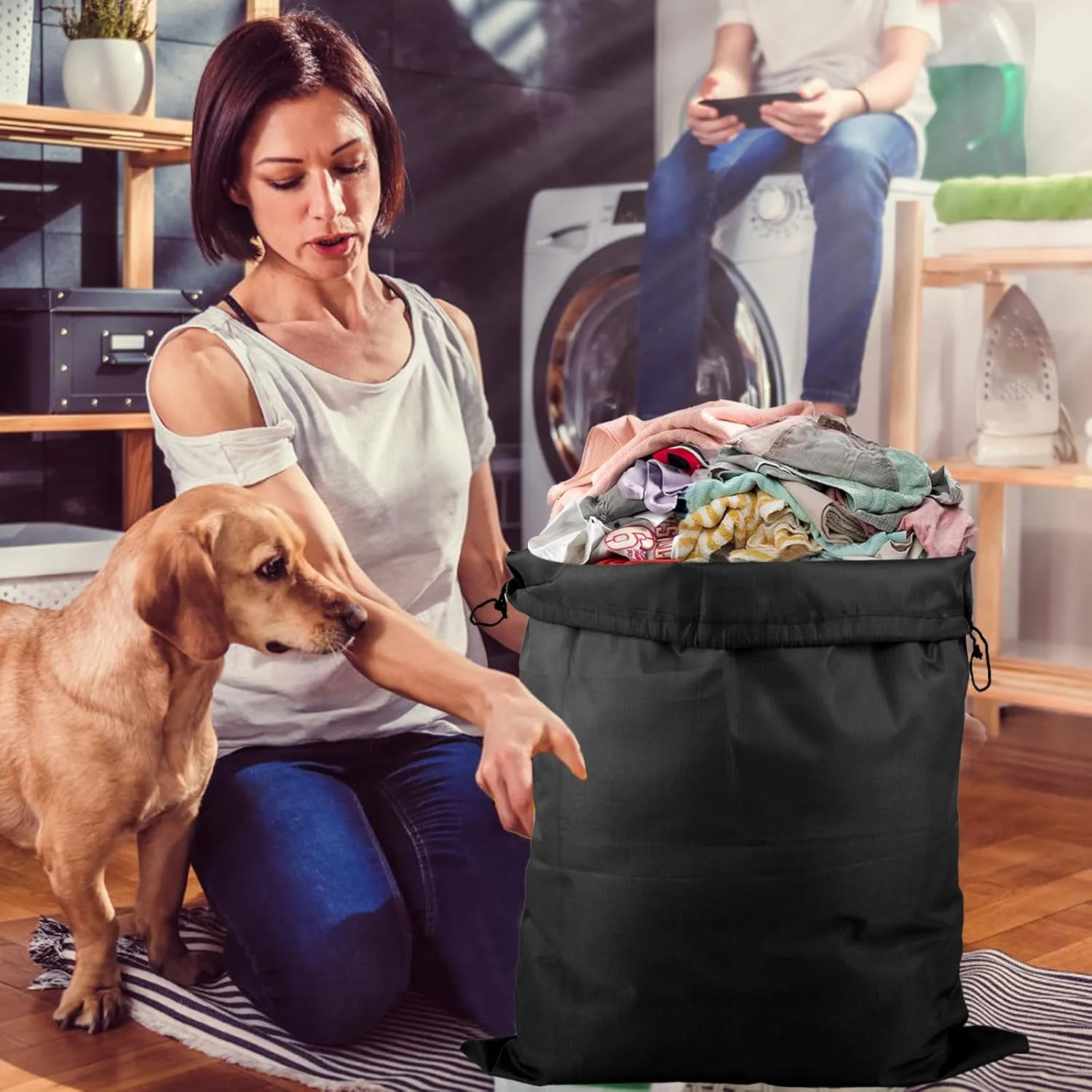 Large Laundry Bag,2 Pack Waterproof Travel Laundry Bag,Foldable Dirty Clothes Storage Bag with Drawstring Closure for Travel Bedroom Laundry room Dormitory (Grey Black, 60 * 80CM)