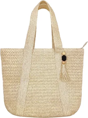Large Straw Beach Tote Bags For Women Woven Boho Handmade Shoulder Handbags for Summer Vacation Travel with Tassels