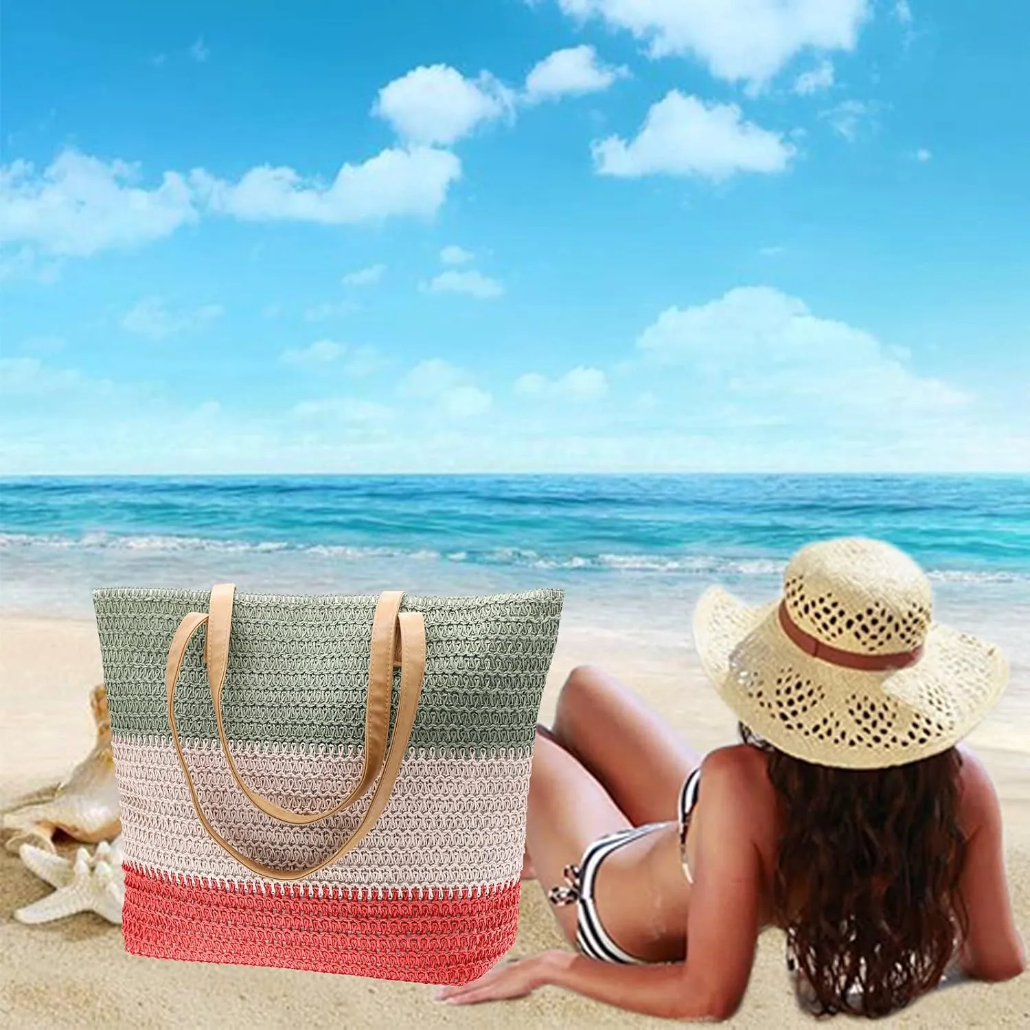 Large Straw Tote Bag for Women Rattan Woven Straw Beach Bag Purse Colored Stripe Shoulder Bags Handbag Summer