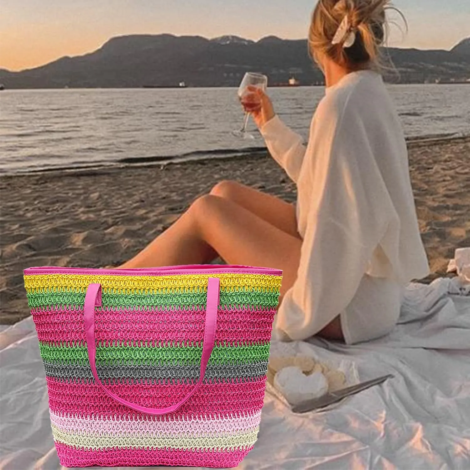 Large Straw Tote Bag for Women Rattan Woven Straw Beach Bag Purse Colored Stripe Shoulder Bags Handbag Summer