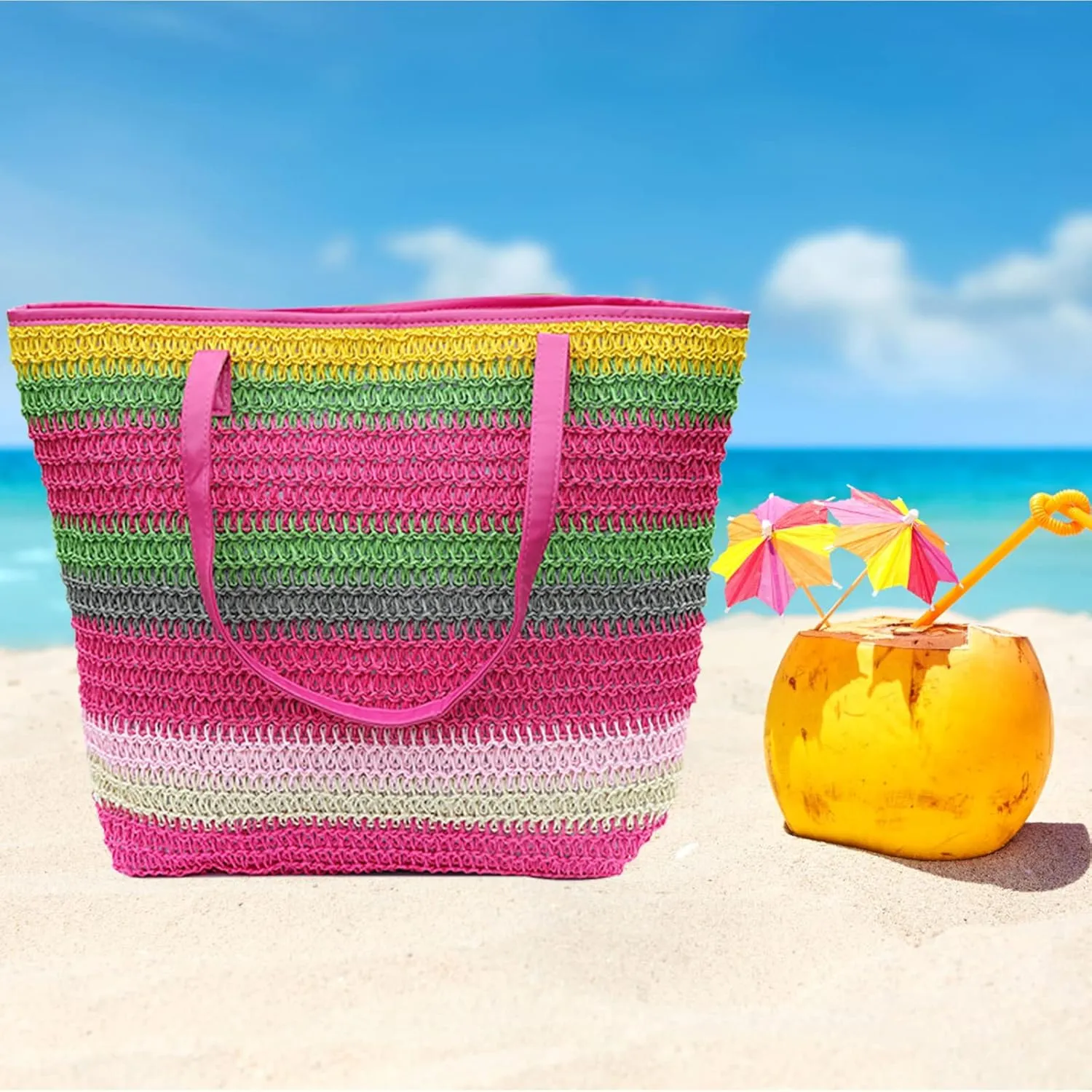 Large Straw Tote Bag for Women Rattan Woven Straw Beach Bag Purse Colored Stripe Shoulder Bags Handbag Summer