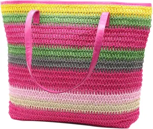 Large Straw Tote Bag for Women Rattan Woven Straw Beach Bag Purse Colored Stripe Shoulder Bags Handbag Summer