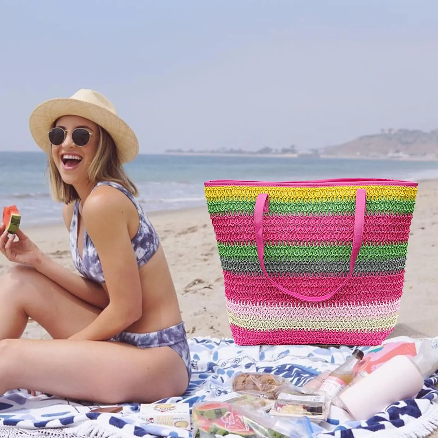 Large Straw Tote Bag for Women Rattan Woven Straw Beach Bag Purse Colored Stripe Shoulder Bags Handbag Summer