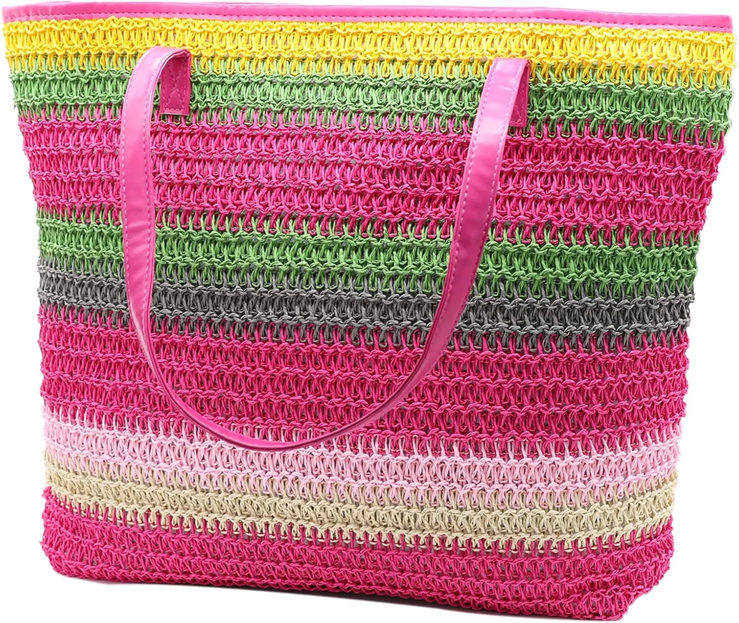 Large Straw Tote Bag for Women Rattan Woven Straw Beach Bag Purse Colored Stripe Shoulder Bags Handbag Summer