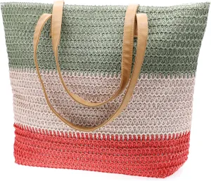 Large Straw Tote Bag for Women Rattan Woven Straw Beach Bag Purse Colored Stripe Shoulder Bags Handbag Summer