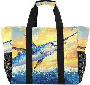 Large Tote Bags Blue Marlin Sunset Ocean for Women Canvas Tote Purse Reusable Grocery Bags Top Handle Handbags for Travel, Work