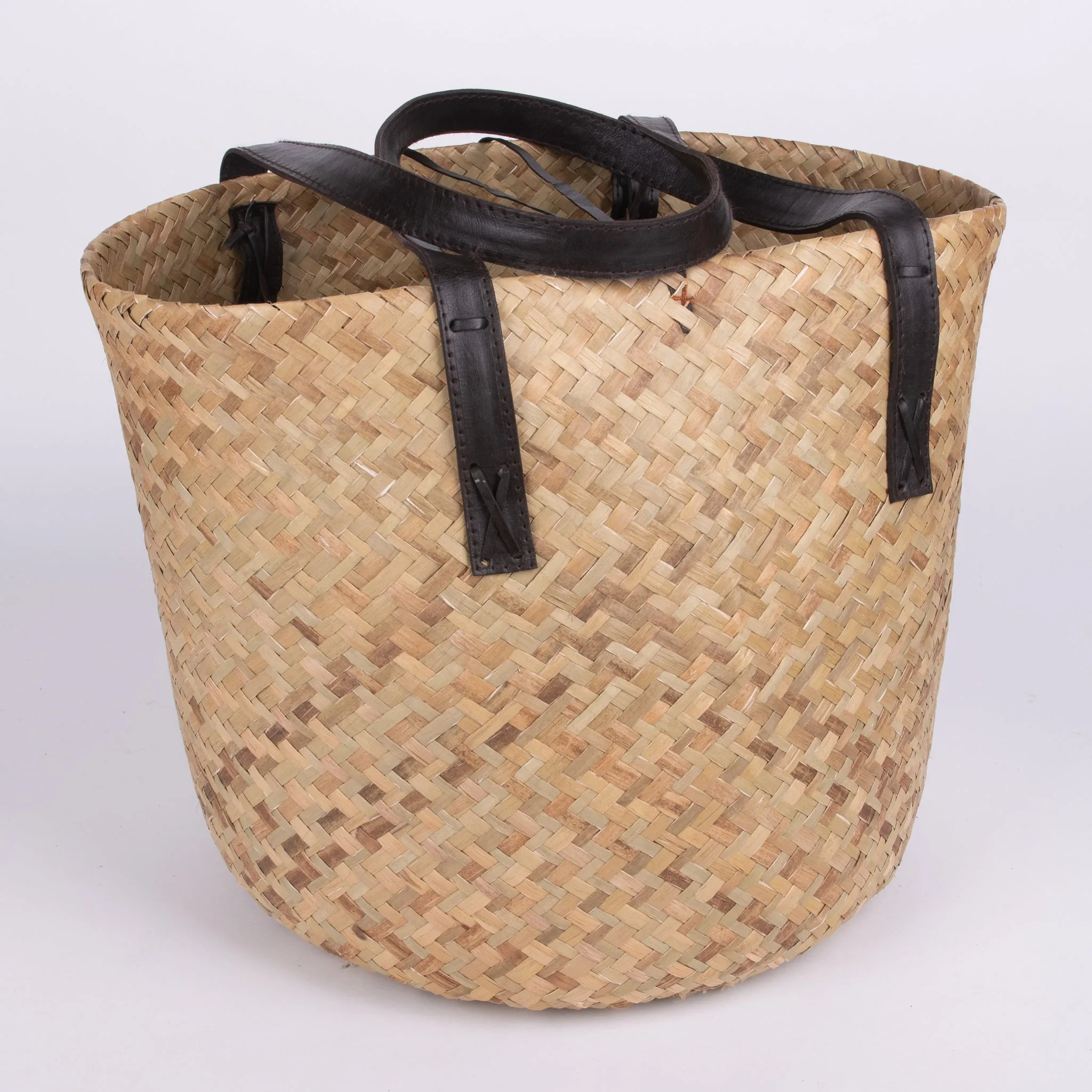Large Woven Beach Basket with Leather Straps
