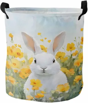 Laundry Baskets Pasture Floral Easter Bunny, Collapsible Laundry Hamper Dirty Clothes Basket with Handle, Storage Bag for Bathroom/Bedrooom Watercolor Yellow Flower Leaf