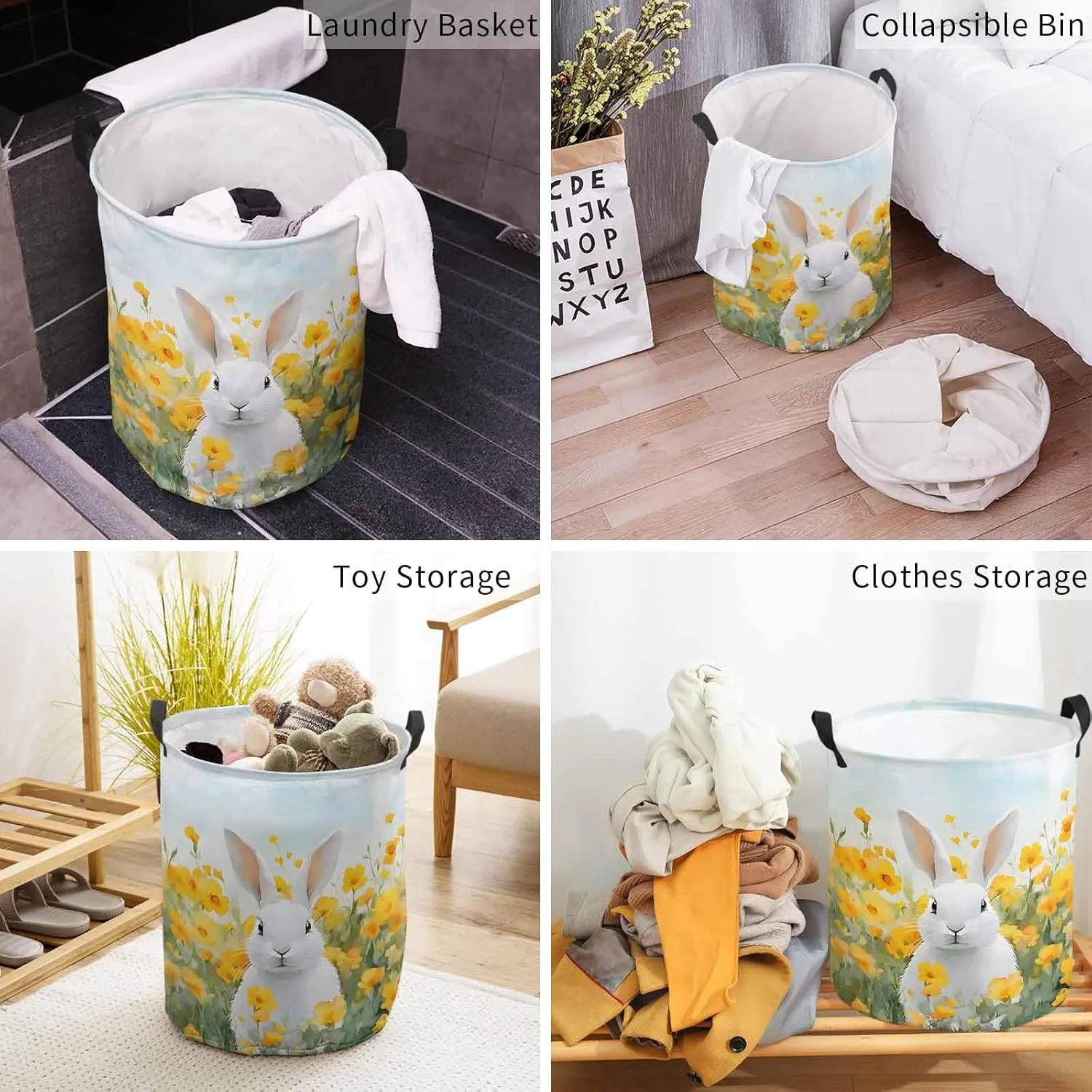 Laundry Baskets Pasture Floral Easter Bunny, Collapsible Laundry Hamper Dirty Clothes Basket with Handle, Storage Bag for Bathroom/Bedrooom Watercolor Yellow Flower Leaf