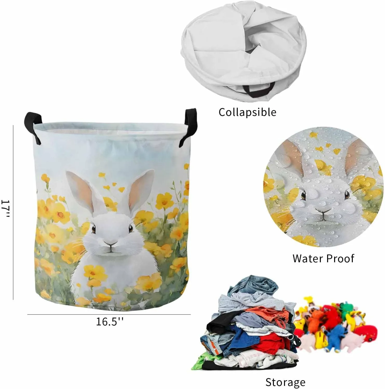Laundry Baskets Pasture Floral Easter Bunny, Collapsible Laundry Hamper Dirty Clothes Basket with Handle, Storage Bag for Bathroom/Bedrooom Watercolor Yellow Flower Leaf
