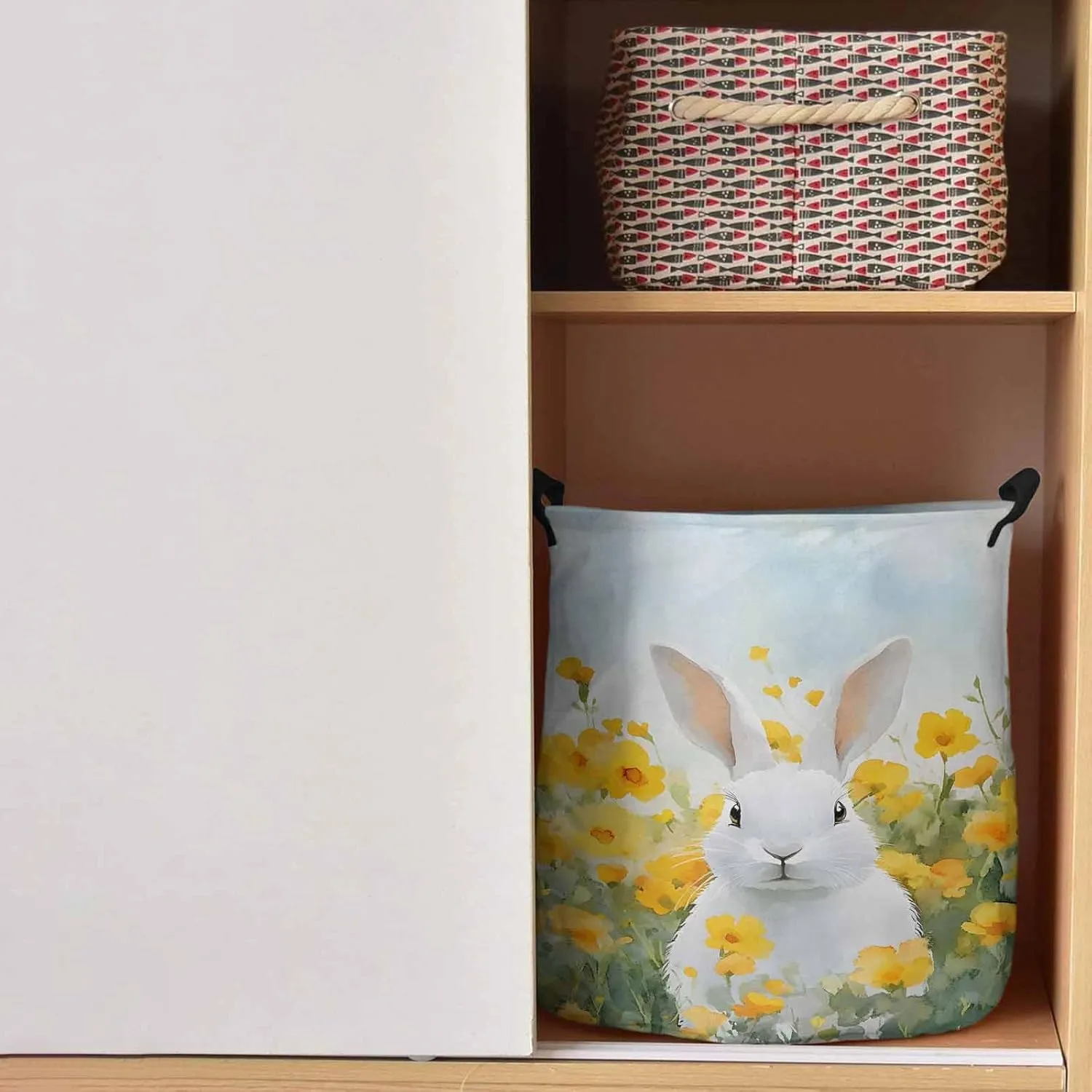Laundry Baskets Pasture Floral Easter Bunny, Collapsible Laundry Hamper Dirty Clothes Basket with Handle, Storage Bag for Bathroom/Bedrooom Watercolor Yellow Flower Leaf