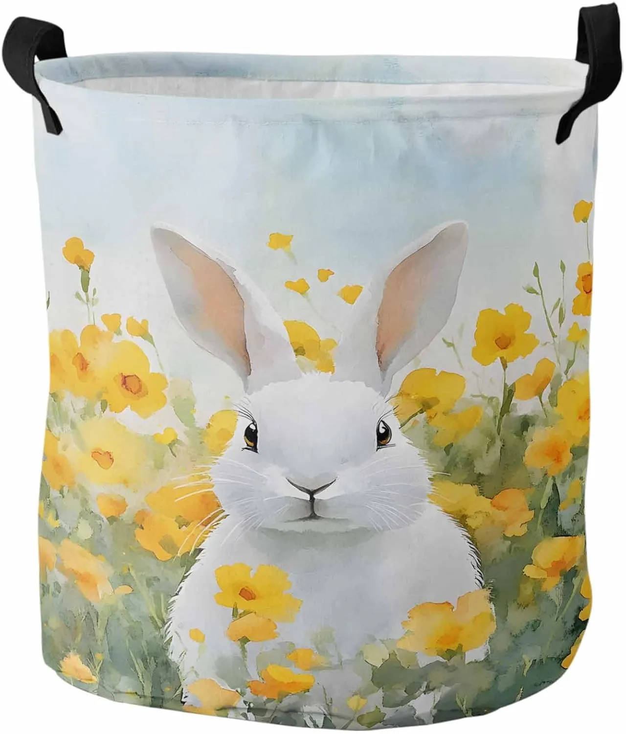 Laundry Baskets Pasture Floral Easter Bunny, Collapsible Laundry Hamper Dirty Clothes Basket with Handle, Storage Bag for Bathroom/Bedrooom Watercolor Yellow Flower Leaf