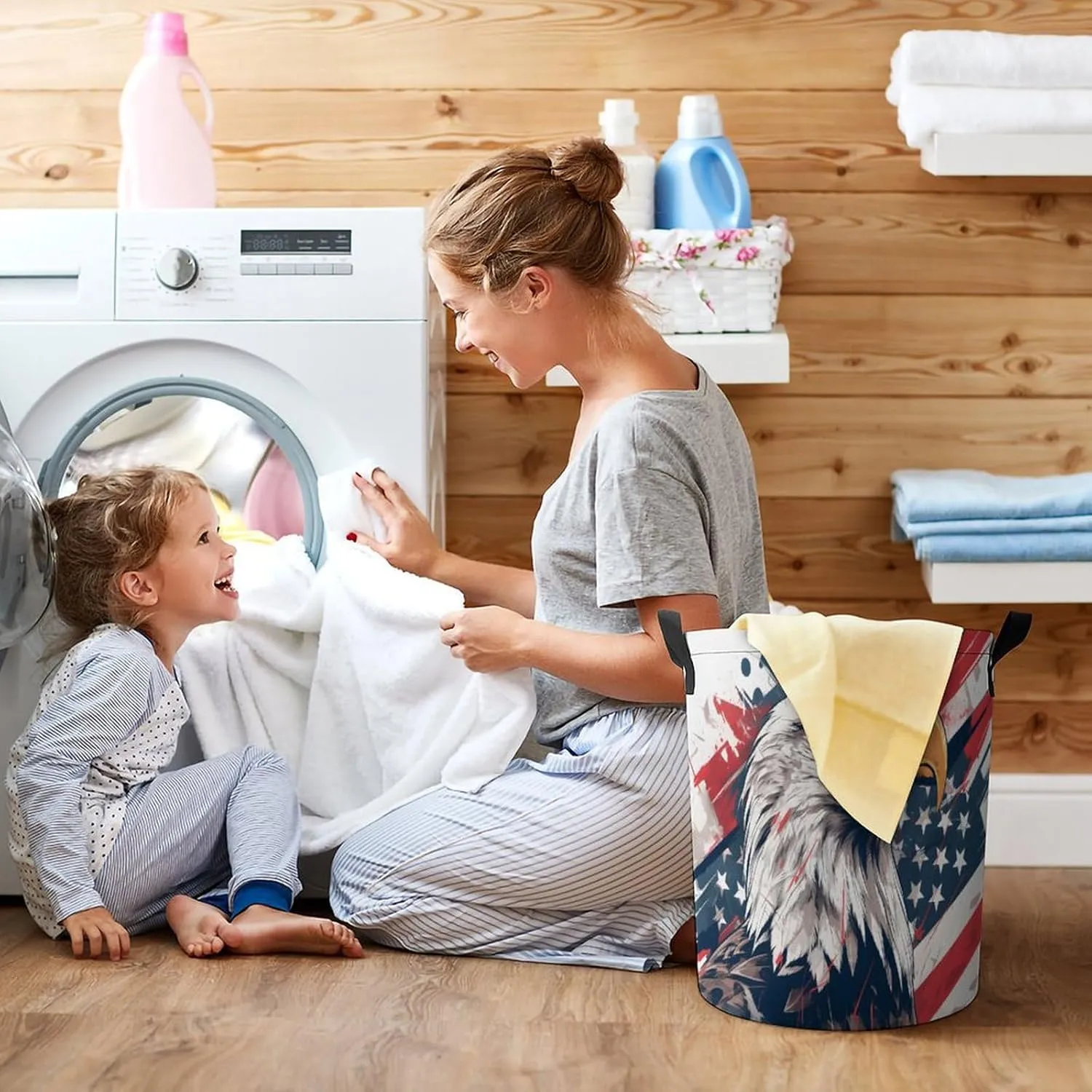 Laundry Hampers, Large Drawstring Laundry Bag, Removable Laundry Bags, Collapsible Storage Bin with Handles for Home Organization, Kids Room, Nursery Bird