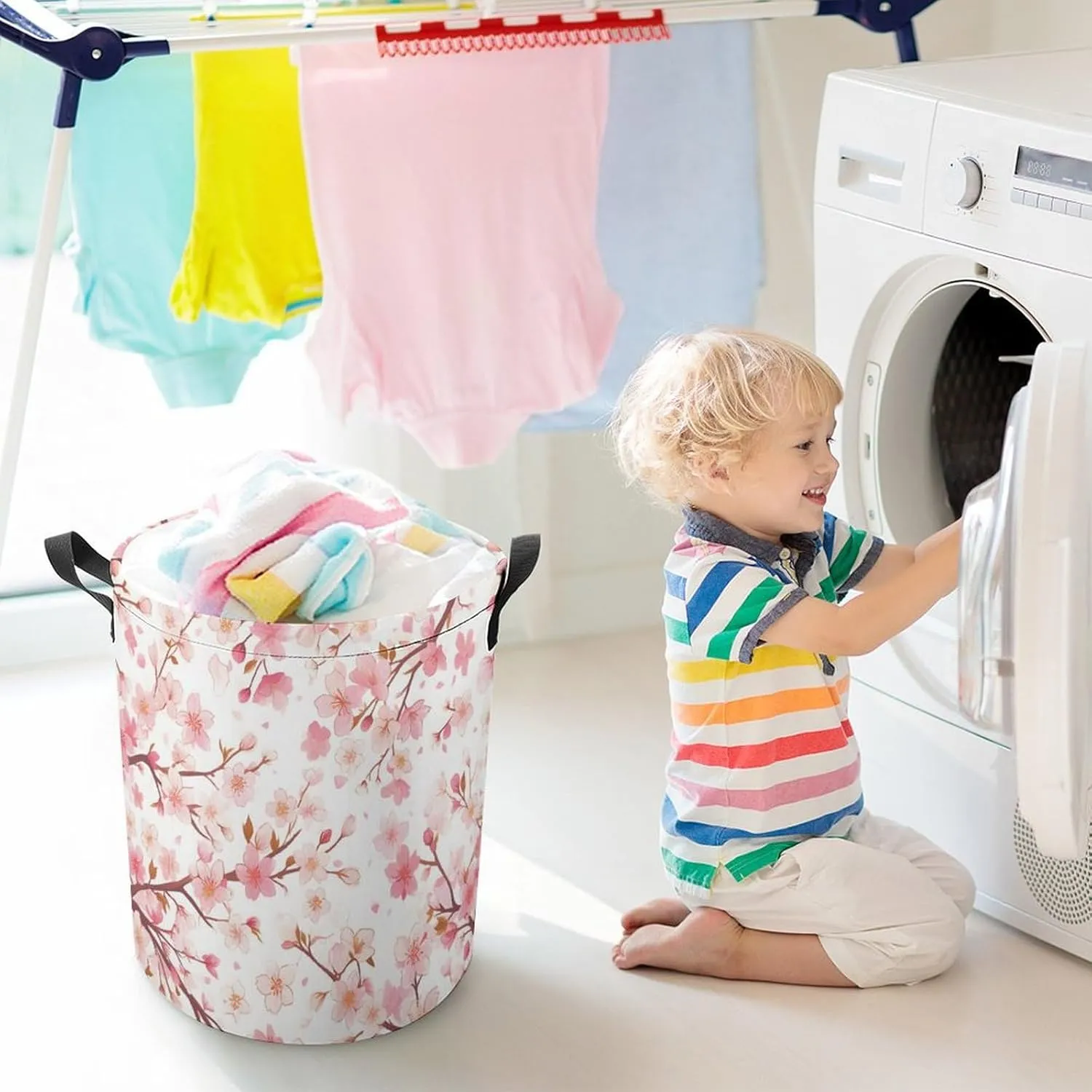 Laundry Hampers, Large Drawstring Laundry Bag, Removable Laundry Bags, Collapsible Storage Bin with Handles for Home Organization, Kids Room, Nursery Pink