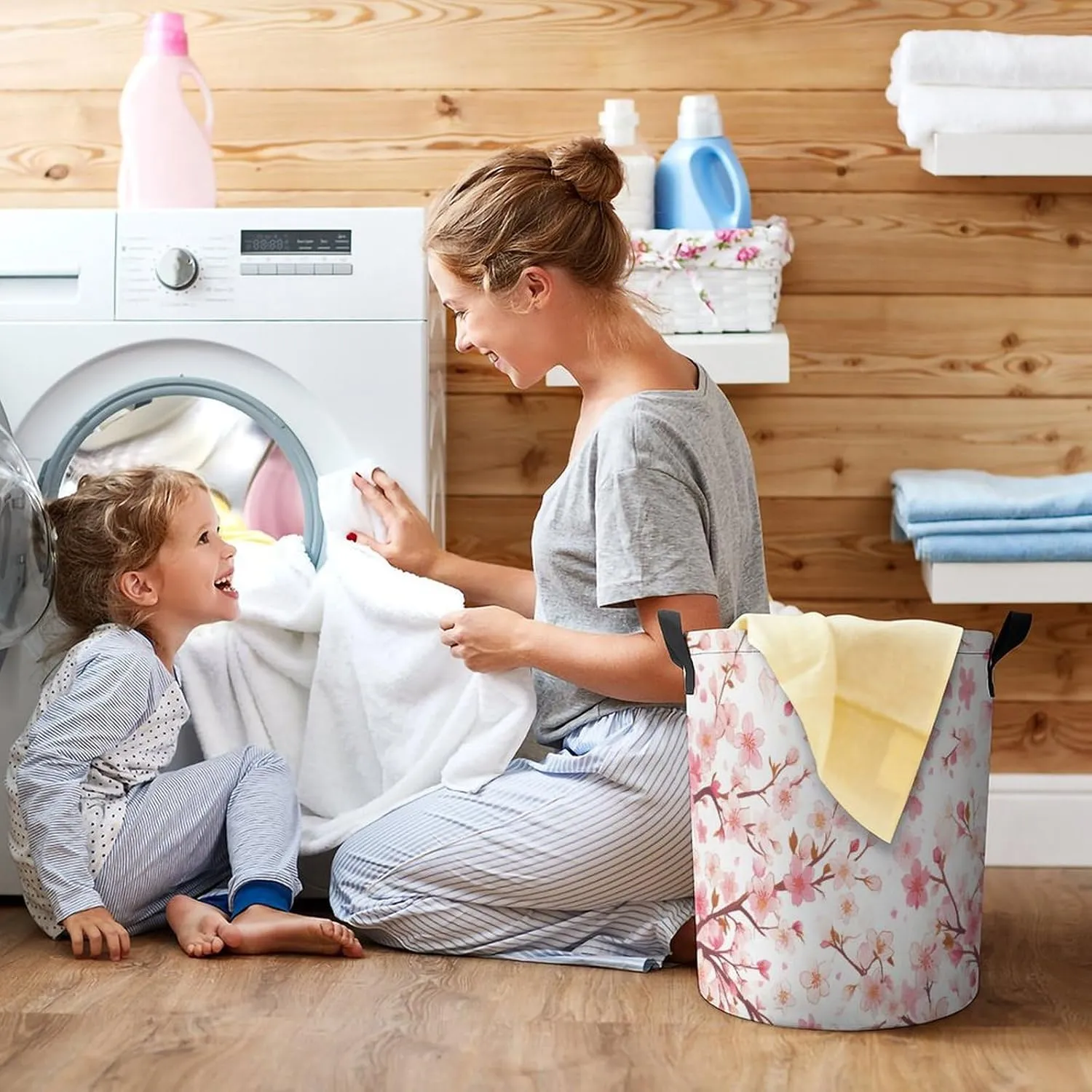 Laundry Hampers, Large Drawstring Laundry Bag, Removable Laundry Bags, Collapsible Storage Bin with Handles for Home Organization, Kids Room, Nursery Pink