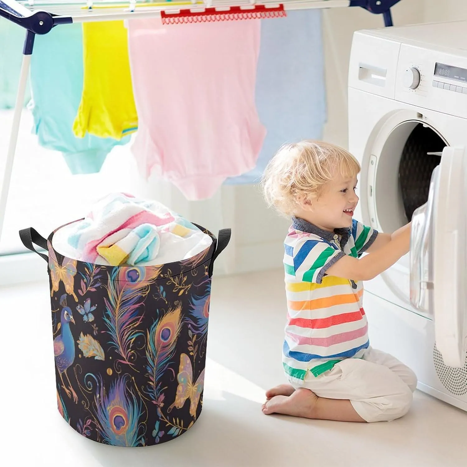 Laundry Hampers, Large Drawstring Laundry Bag, Removable Laundry Bags, Collapsible Storage Bin with Handles for Home Organization, Kids Room, Nursery Vertebrate