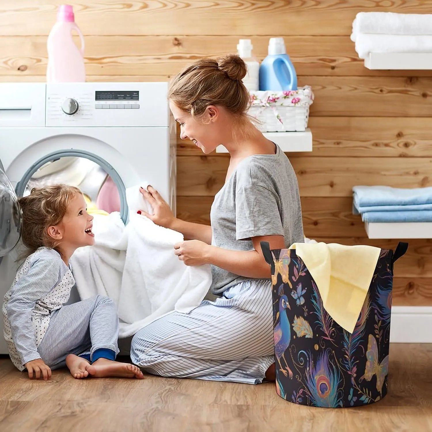 Laundry Hampers, Large Drawstring Laundry Bag, Removable Laundry Bags, Collapsible Storage Bin with Handles for Home Organization, Kids Room, Nursery Vertebrate