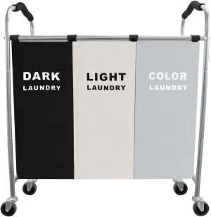 Laundry Sorter 3 Section, 240L Large Laundry Cart with Wheels 3 Hamper Laundry Sorter with Steel Frame and Removable Bag for Dirty Clothes in Laundry Room Bedroom
