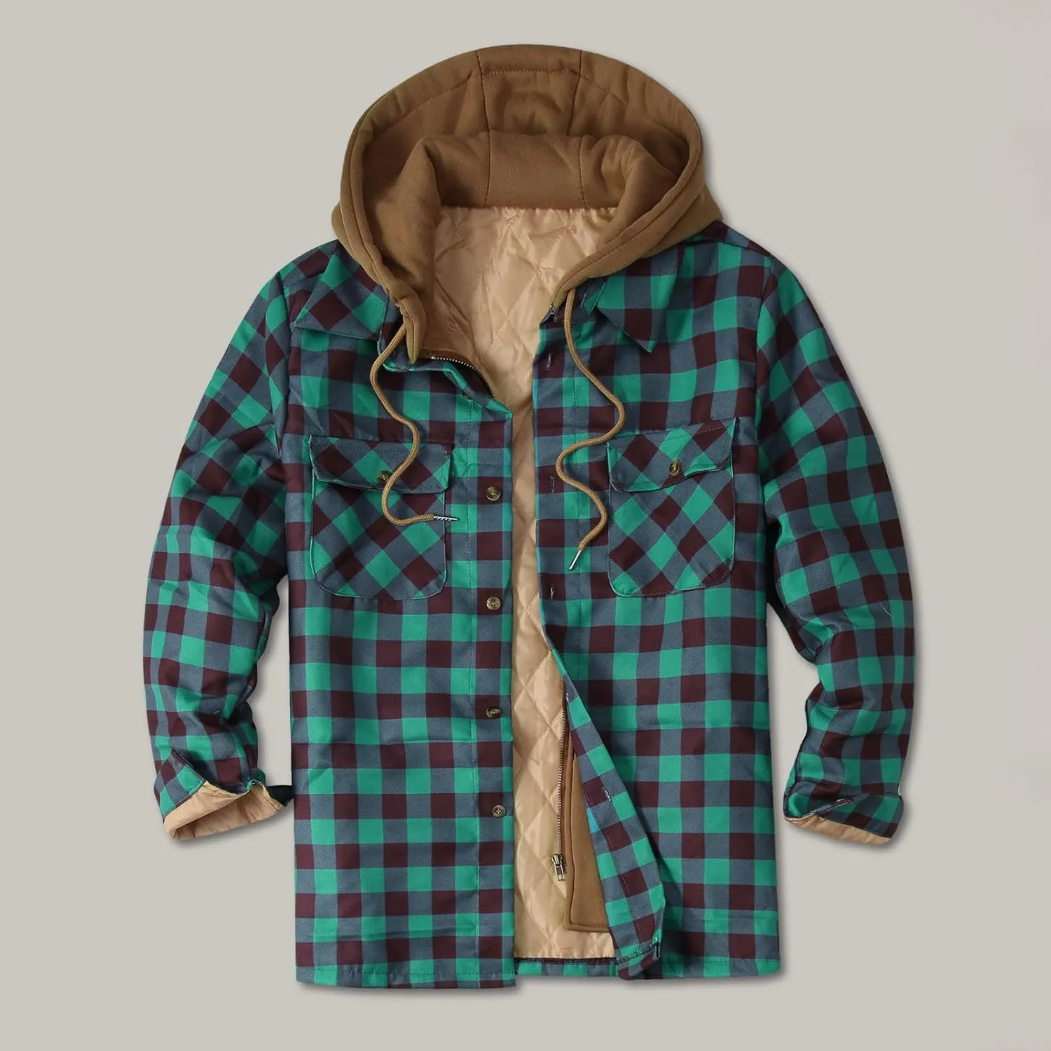 LCMTWX Men's Fleece Lined Flannel Shirt Jacket Hooded Zipper Pocket Long Sleeve Shirt Patchwork Jacket Loose Thickened