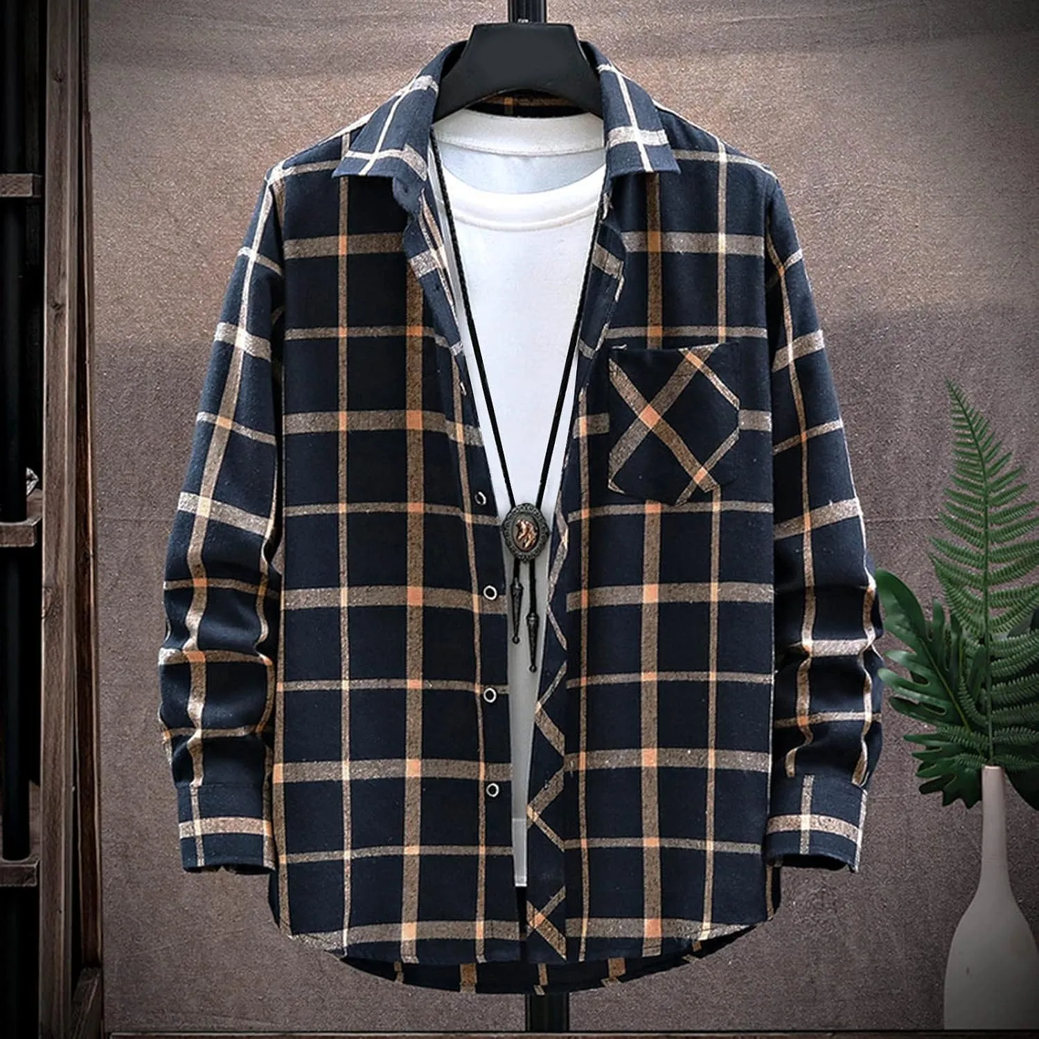 LCMTWX Men's Hooded Shirt Jacket Square Printing Lightweight Breathable Long Sleeve Lapel Formal Fleece Button Down Shirt