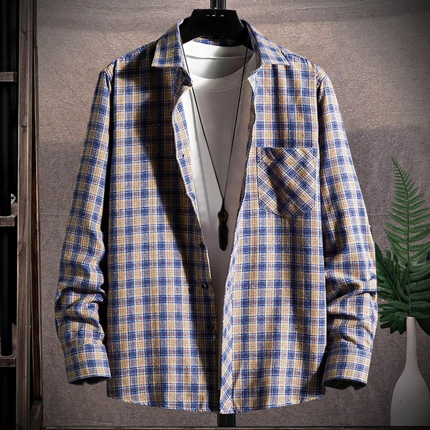 LCMTWX Men's Hooded Shirt Jacket Square Printing Lightweight Breathable Long Sleeve Lapel Formal Fleece Button Down Shirt