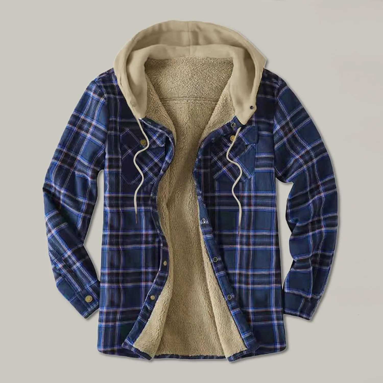 LCMTWX Mens Plaid Jacket Winter Large Plaid Pocket Hooded Loose Coat Plus Velvet Shirt Top Lightweight Shirt Jackets Casual
