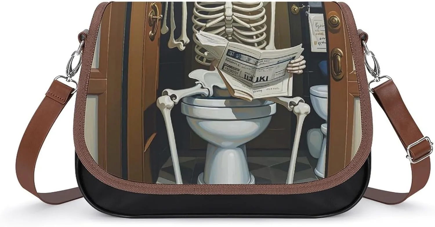 Leather Shoulder Bag for Women Funny Skeleton Bathroom Canvas Crossbody Bags Small Shoulder Handbags Weekender Bag Shopper Handbag Travel Purse