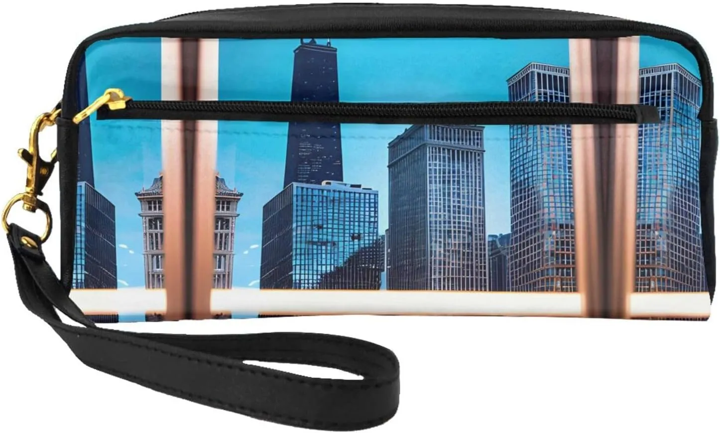 Leather Small Makeup Bag â€“ Chicago Reflect Print Travel Toiletry Bag, Cosmetic Accessories Organizer for Business Trips