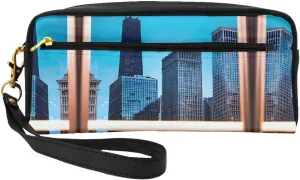 Leather Small Makeup Bag â€“ Chicago Reflect Print Travel Toiletry Bag, Cosmetic Accessories Organizer for Business Trips