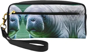 Leather Small Makeup Bag â€“ Manatee Animals Calf Print Travel Toiletry Bag, Cosmetic Accessories Organizer for Business Trips
