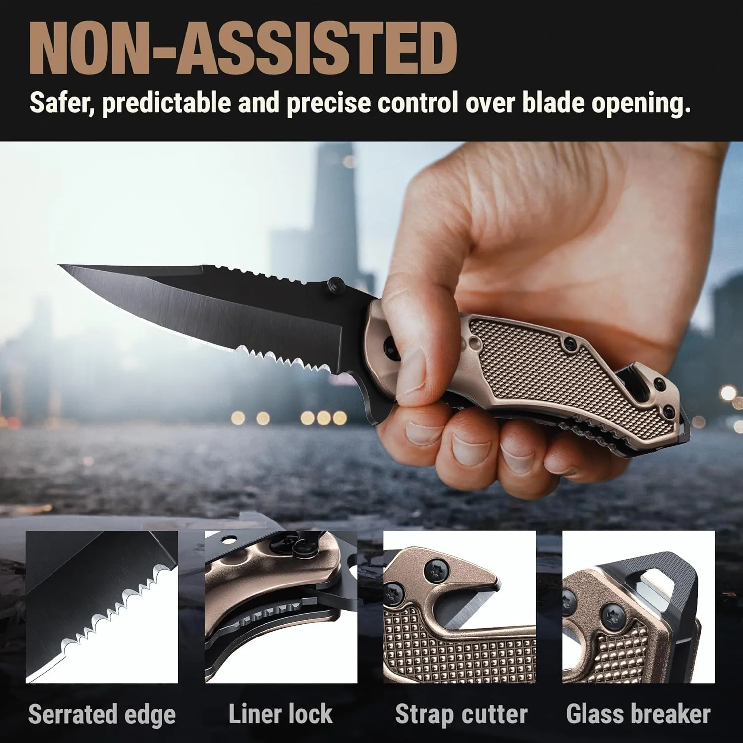 Legal Pocket Knife Coyote Tan - 2.95” Sharp Serrated Edge Blade - Multi Tool with Seatbelt Cutter, Glass Breaker & Clip - Cool Folding Knives for EDC Camping Fishing - Birthday Gifts for Men 6680 T