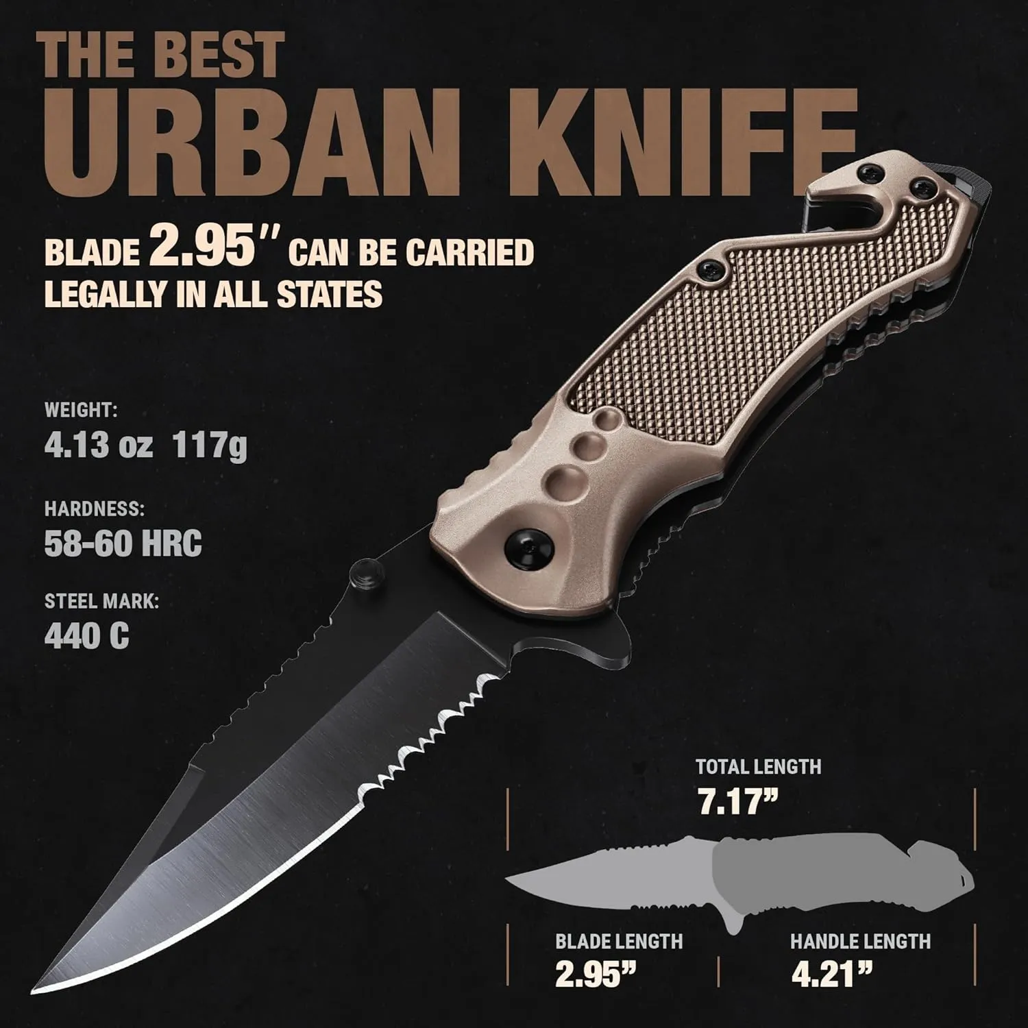 Legal Pocket Knife Coyote Tan - 2.95” Sharp Serrated Edge Blade - Multi Tool with Seatbelt Cutter, Glass Breaker & Clip - Cool Folding Knives for EDC Camping Fishing - Birthday Gifts for Men 6680 T