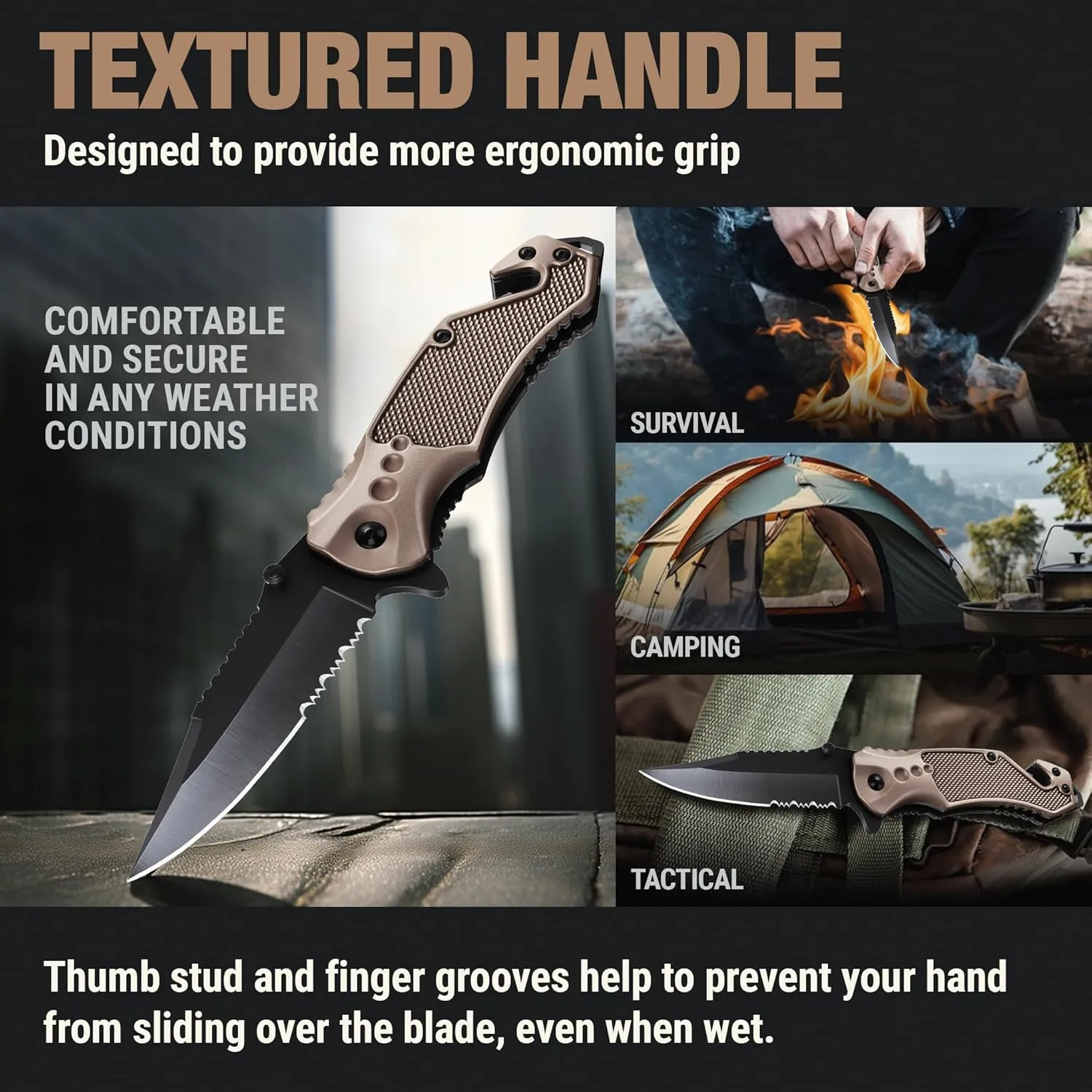 Legal Pocket Knife Coyote Tan - 2.95” Sharp Serrated Edge Blade - Multi Tool with Seatbelt Cutter, Glass Breaker & Clip - Cool Folding Knives for EDC Camping Fishing - Birthday Gifts for Men 6680 T