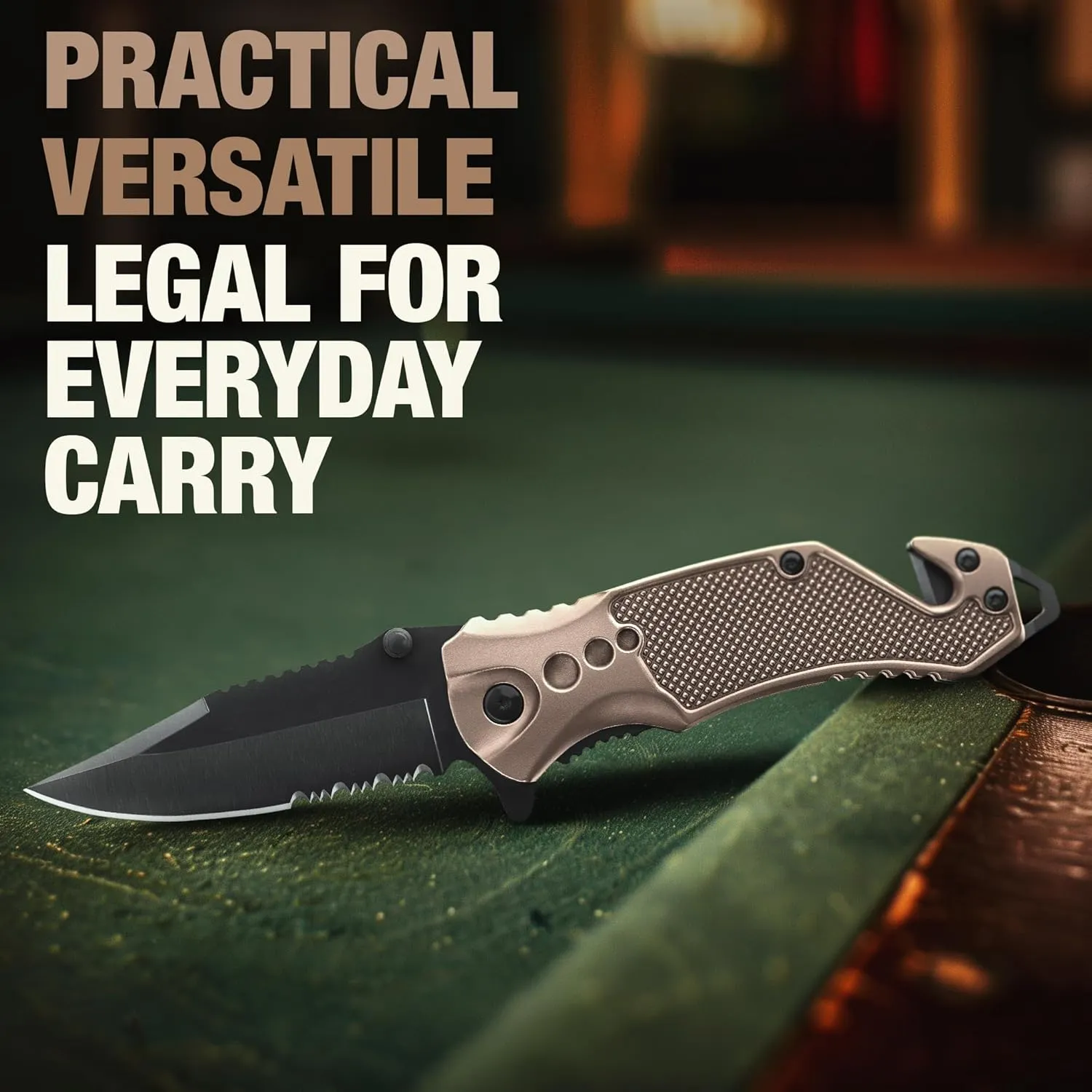 Legal Pocket Knife Coyote Tan - 2.95” Sharp Serrated Edge Blade - Multi Tool with Seatbelt Cutter, Glass Breaker & Clip - Cool Folding Knives for EDC Camping Fishing - Birthday Gifts for Men 6680 T